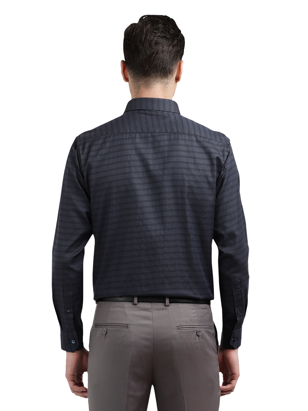 Model wearing Clarke Gable's Dark Navy Striped Formal Shirt in a casual setting