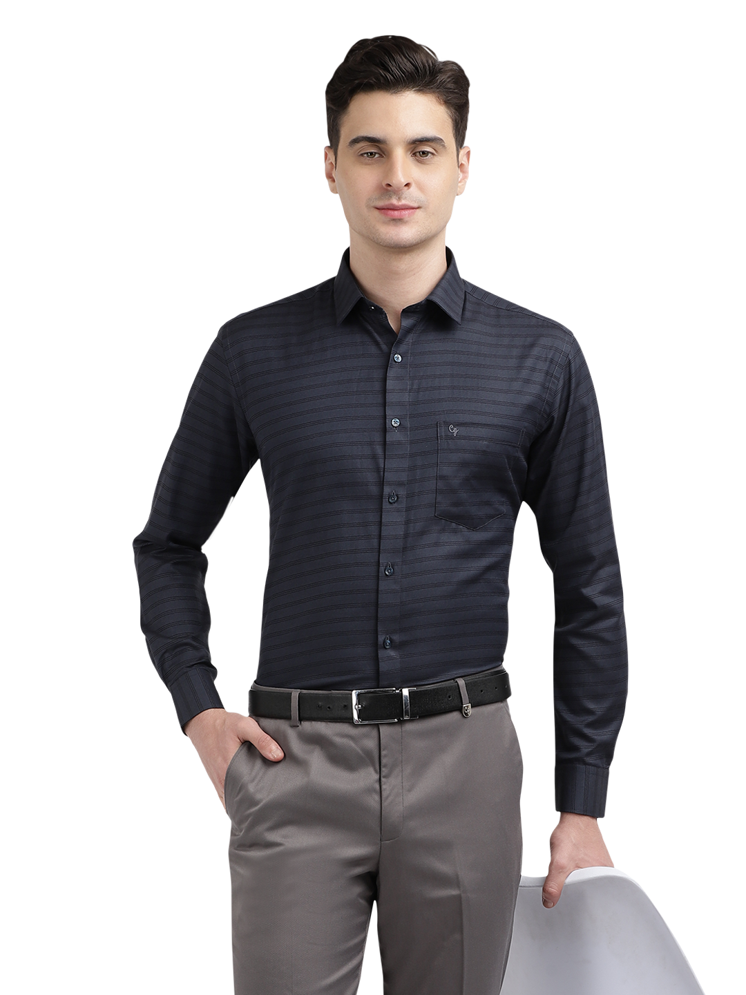 Model wearing Clarke Gable's Dark Navy Striped Formal Shirt in a casual setting