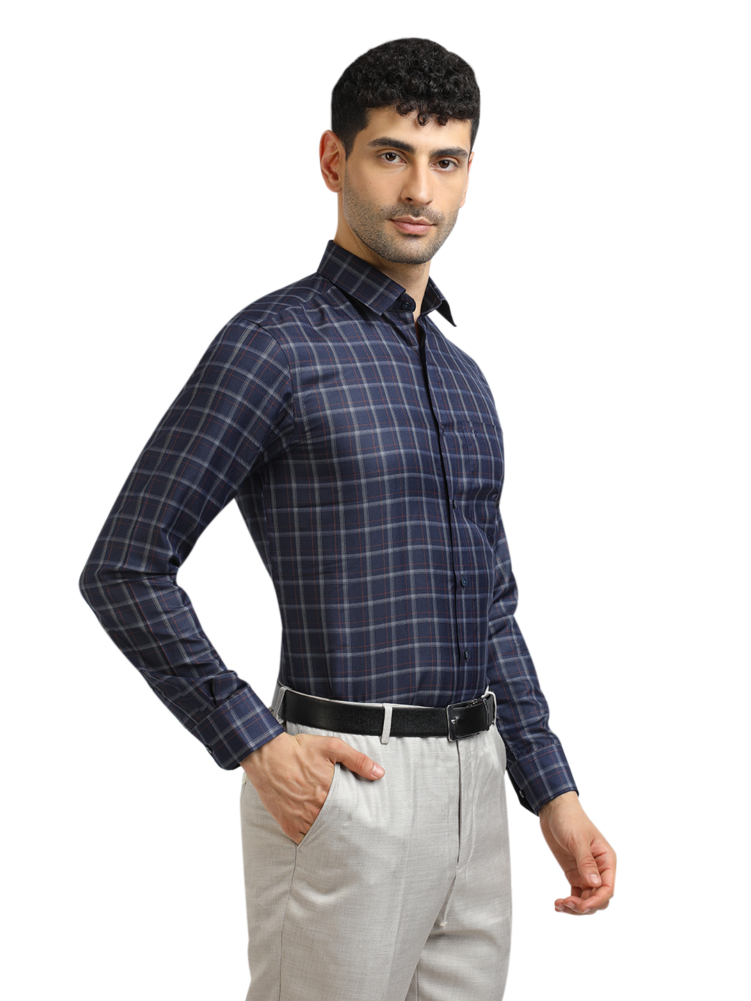 Model wearing Clarke Gable's Dark Navy With White Checked Formal Shirt in a casual setting