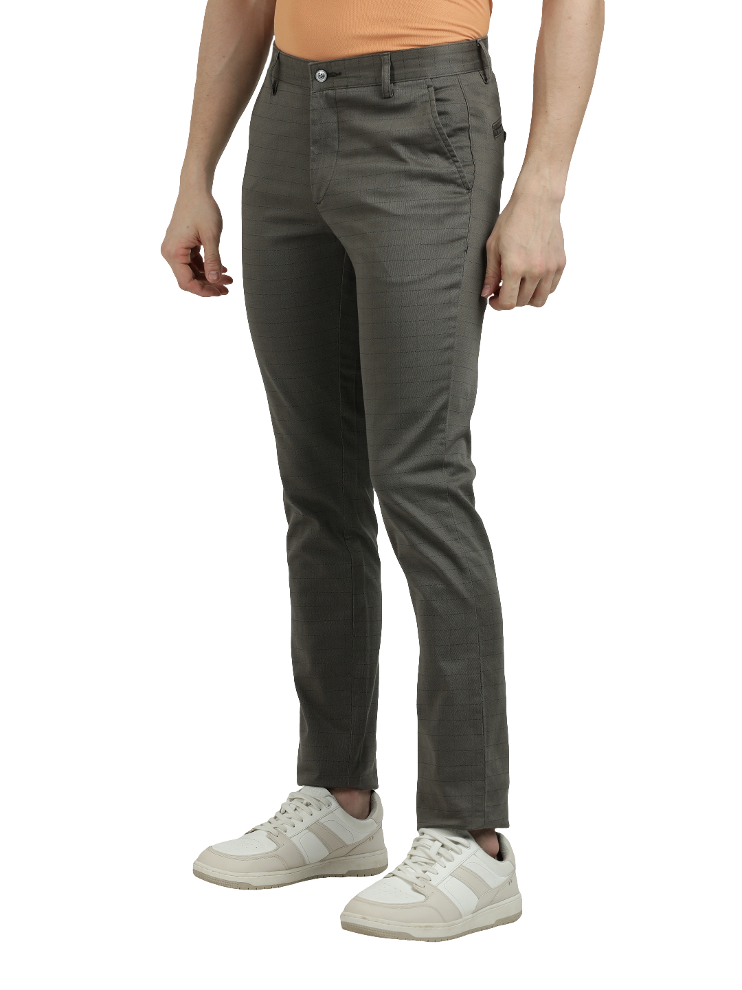 Model wearing Clarke Gable's Dark Olive Custom Fit Trousers in a casual setting