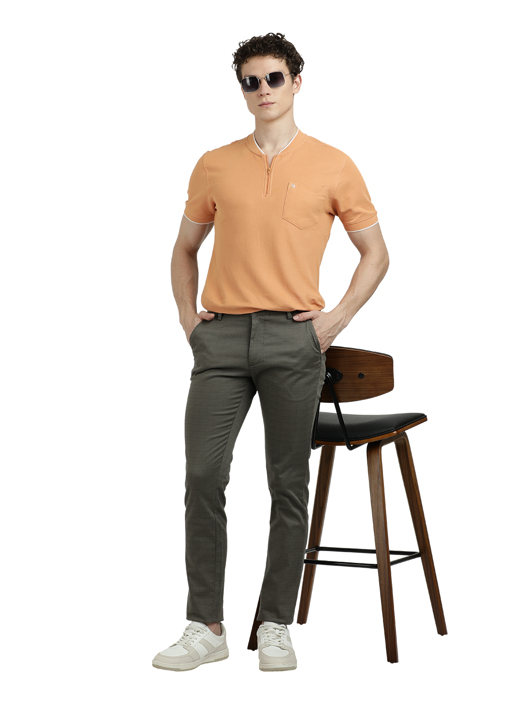 Model wearing Clarke Gable's Dark Olive Custom Fit Trousers in a casual setting