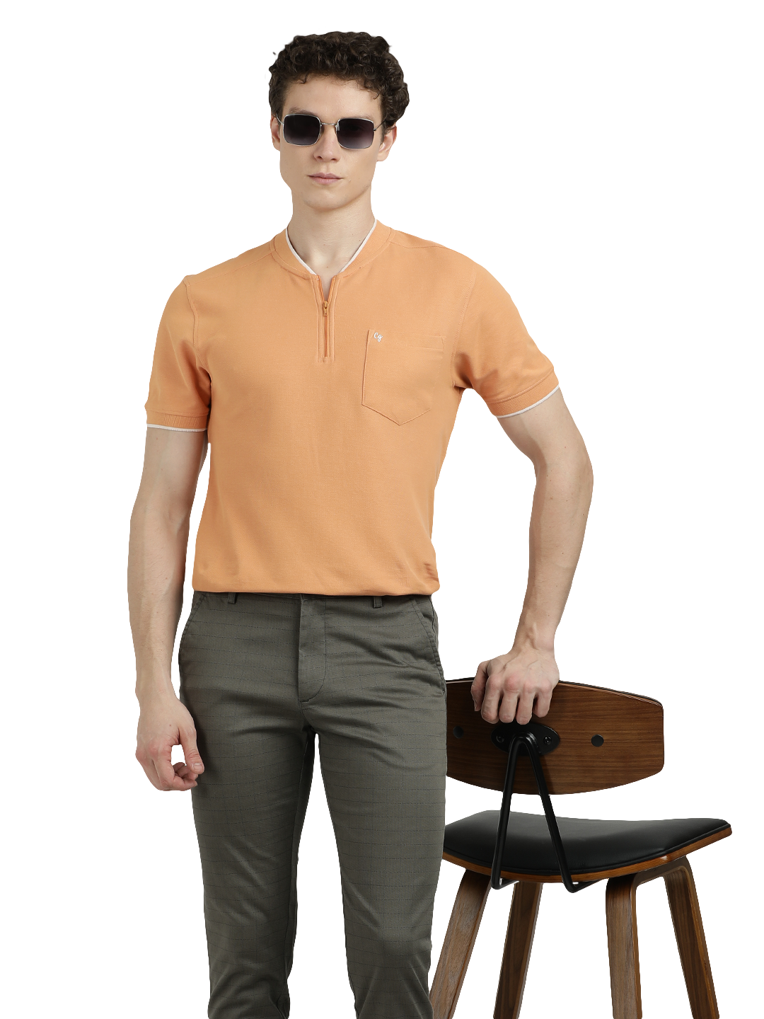 Model wearing Clarke Gable's Dark Olive Custom Fit Trousers in a casual setting