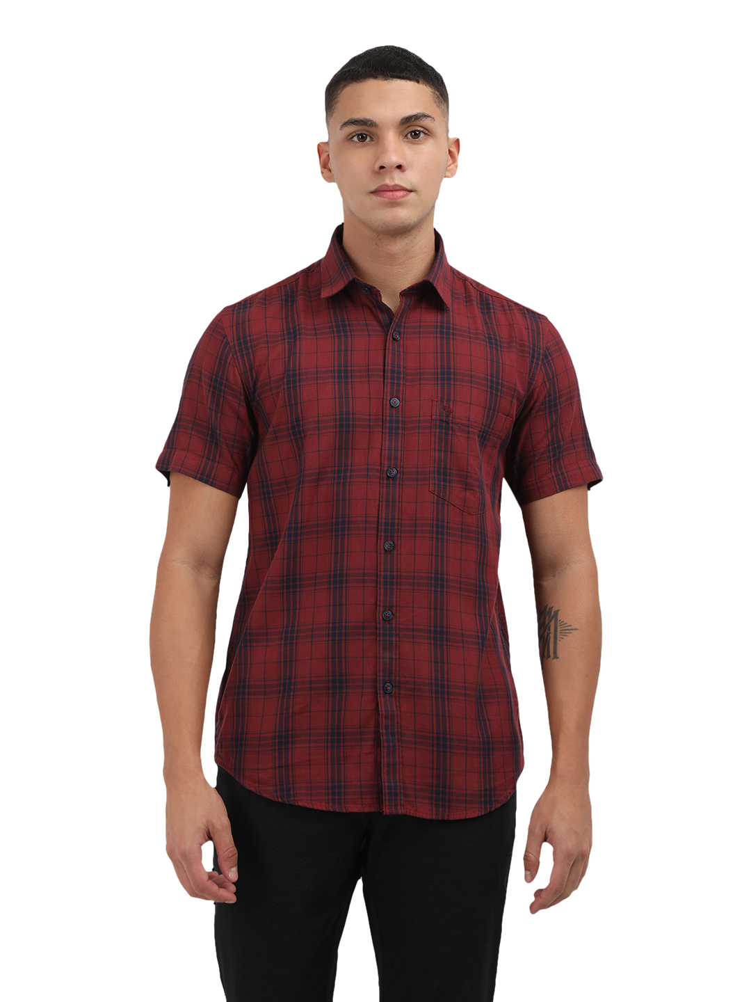 Model wearing Clarke Gable's Dark Red With Blue Checked Semi Casual Shirt in a casual setting