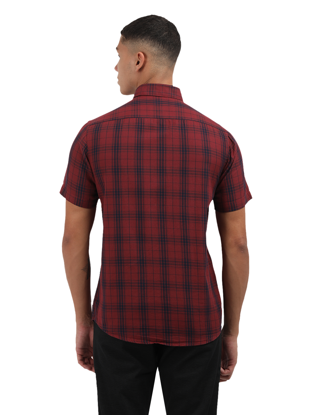 Model wearing Clarke Gable's Dark Red With Blue Checked Semi Casual Shirt in a casual setting