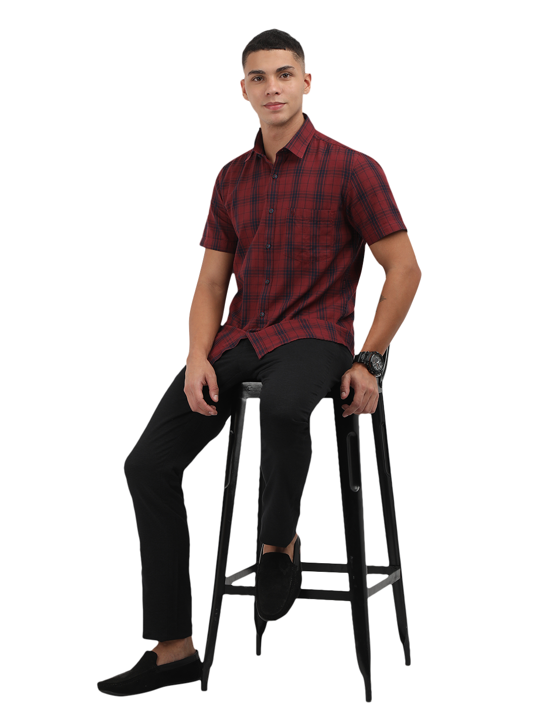 Model wearing Clarke Gable's Dark Red With Blue Checked Semi Casual Shirt in a casual setting