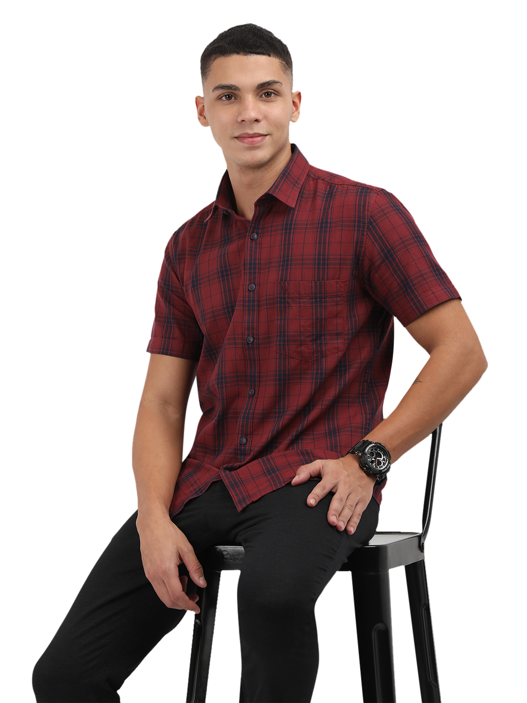 Model wearing Clarke Gable's Dark Red With Blue Checked Semi Casual Shirt in a casual setting