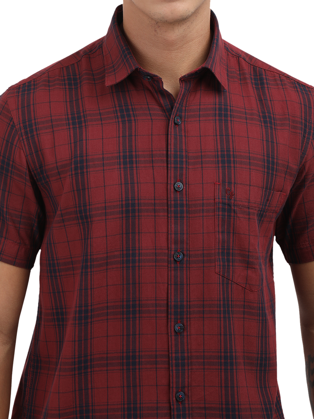 Model wearing Clarke Gable's Dark Red With Blue Checked Semi Casual Shirt in a casual setting