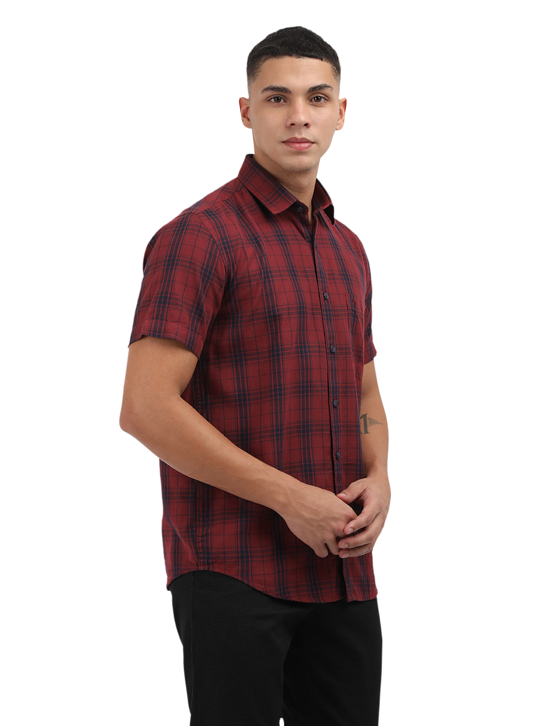 Model wearing Clarke Gable's Dark Red With Blue Checked Semi Casual Shirt in a casual setting