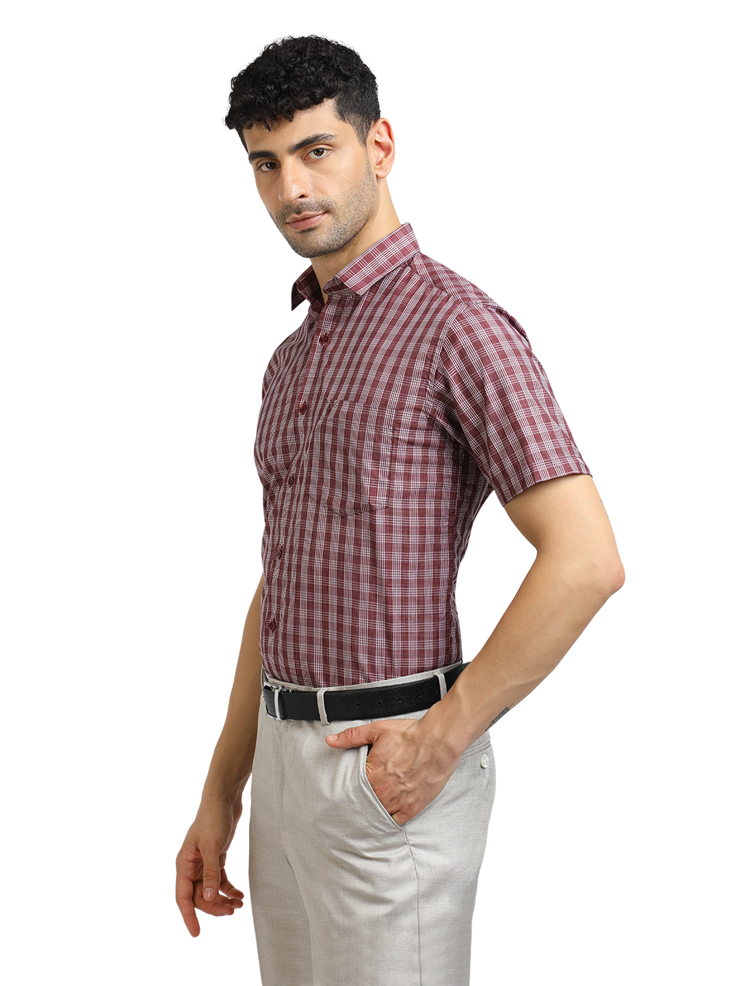 Model wearing Clarke Gable's Dark Red With White Checked Formal Shirt in a casual setting