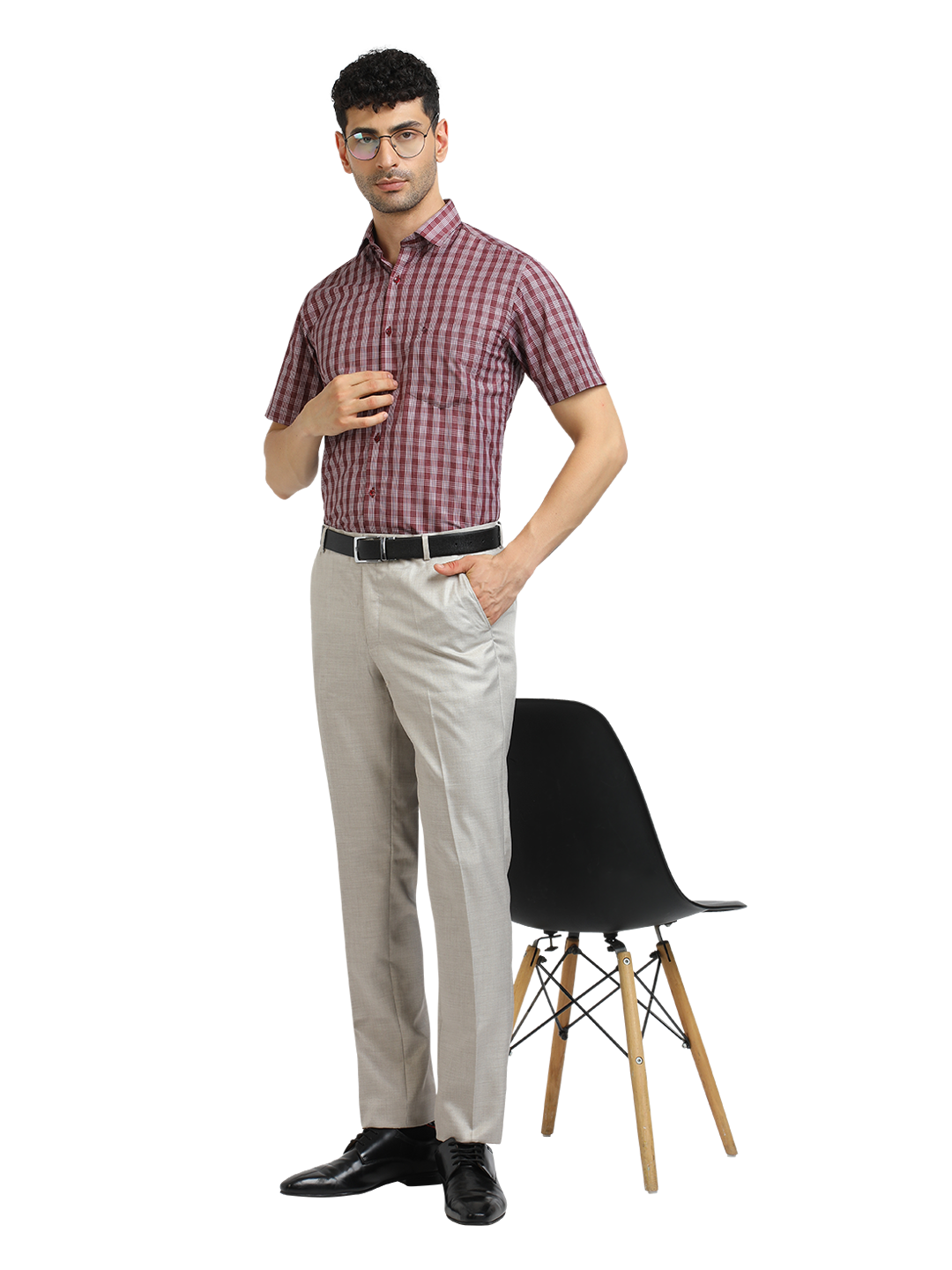Model wearing Clarke Gable's Dark Red With White Checked Formal Shirt in a casual setting