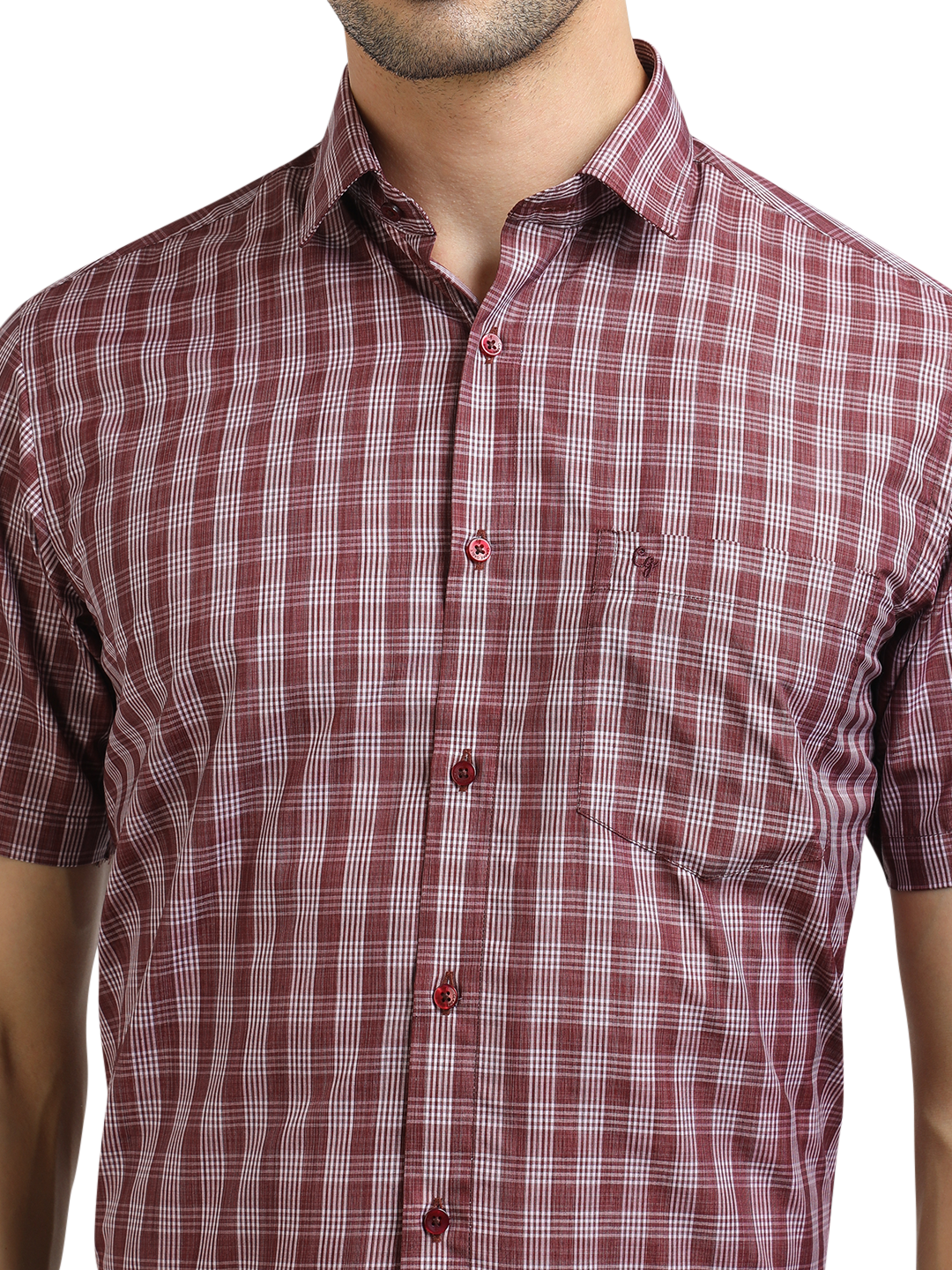 Model wearing Clarke Gable's Dark Red With White Checked Formal Shirt in a casual setting