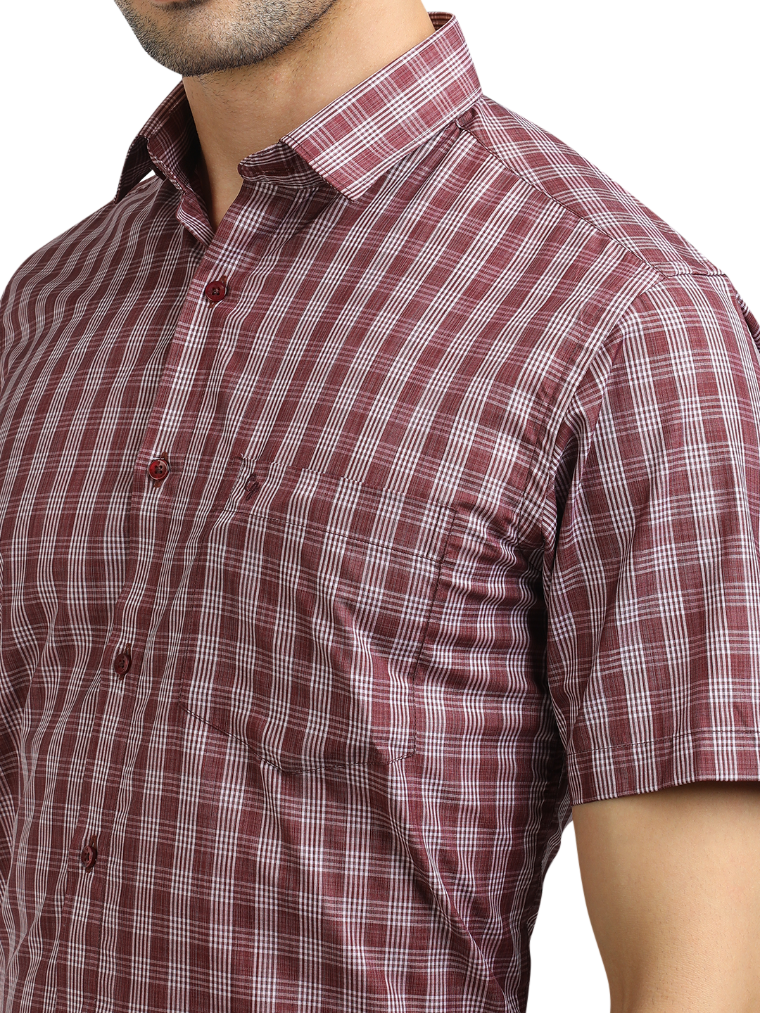 Model wearing Clarke Gable's Dark Red With White Checked Formal Shirt in a casual setting