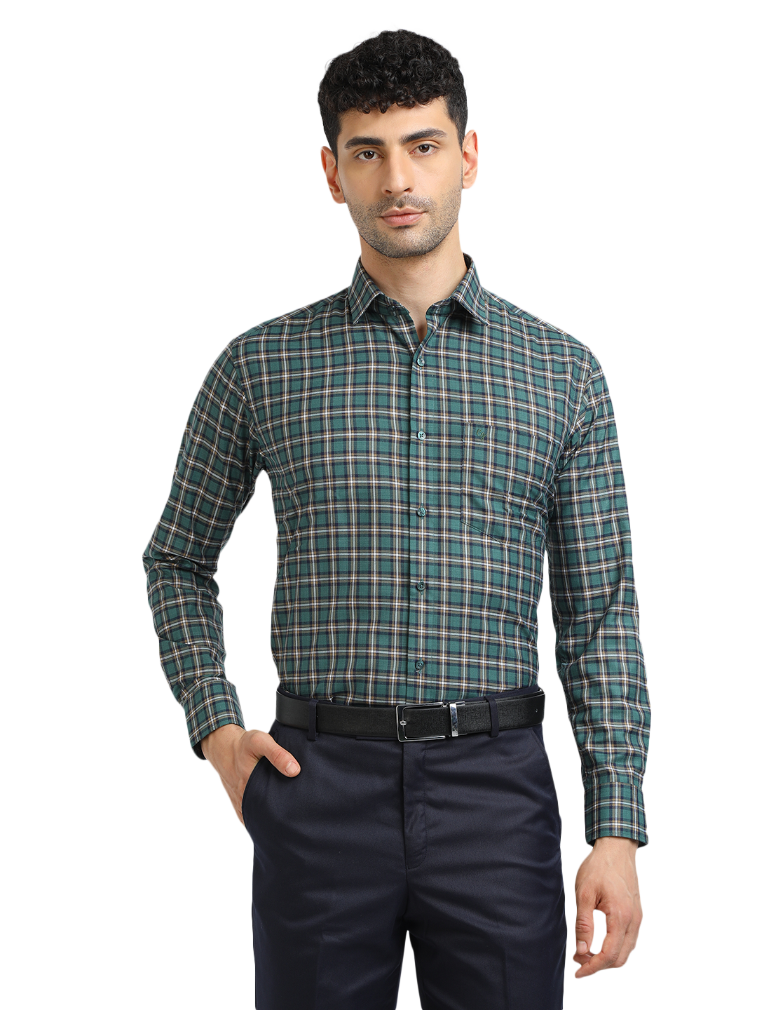 Model wearing Clarke Gable's Green With White Checked Formal Shirt in a casual setting