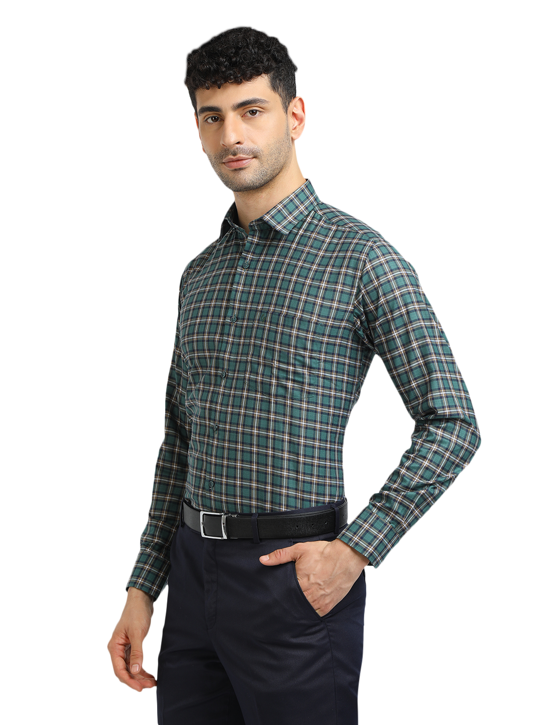 Model wearing Clarke Gable's Green With White Checked Formal Shirt in a casual setting