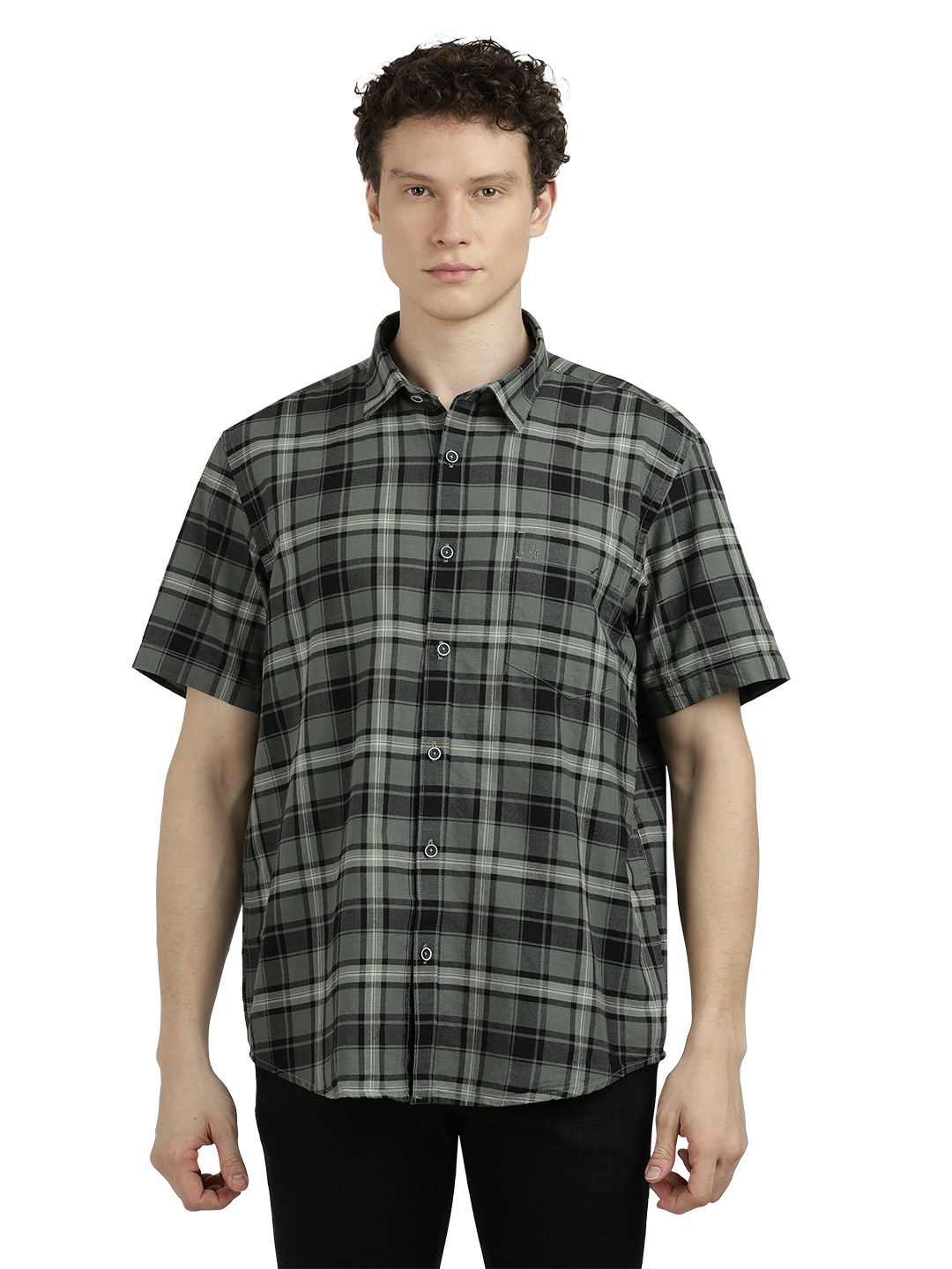 Model wearing Clarke Gable's Green With White Checked Semi Casual Shirt in a casual setting