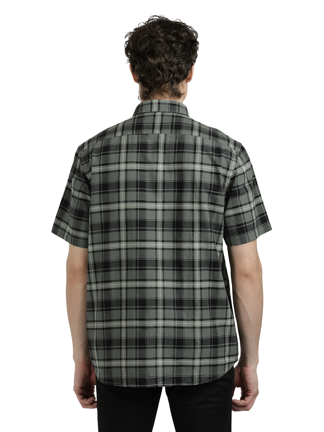 Model wearing Clarke Gable's Green With White Checked Semi Casual Shirt in a casual setting