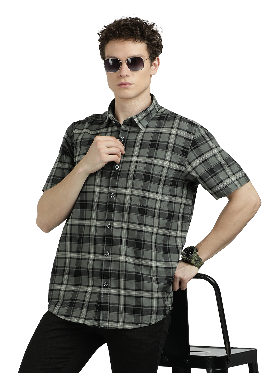 Model wearing Clarke Gable's Green With White Checked Semi Casual Shirt in a casual setting