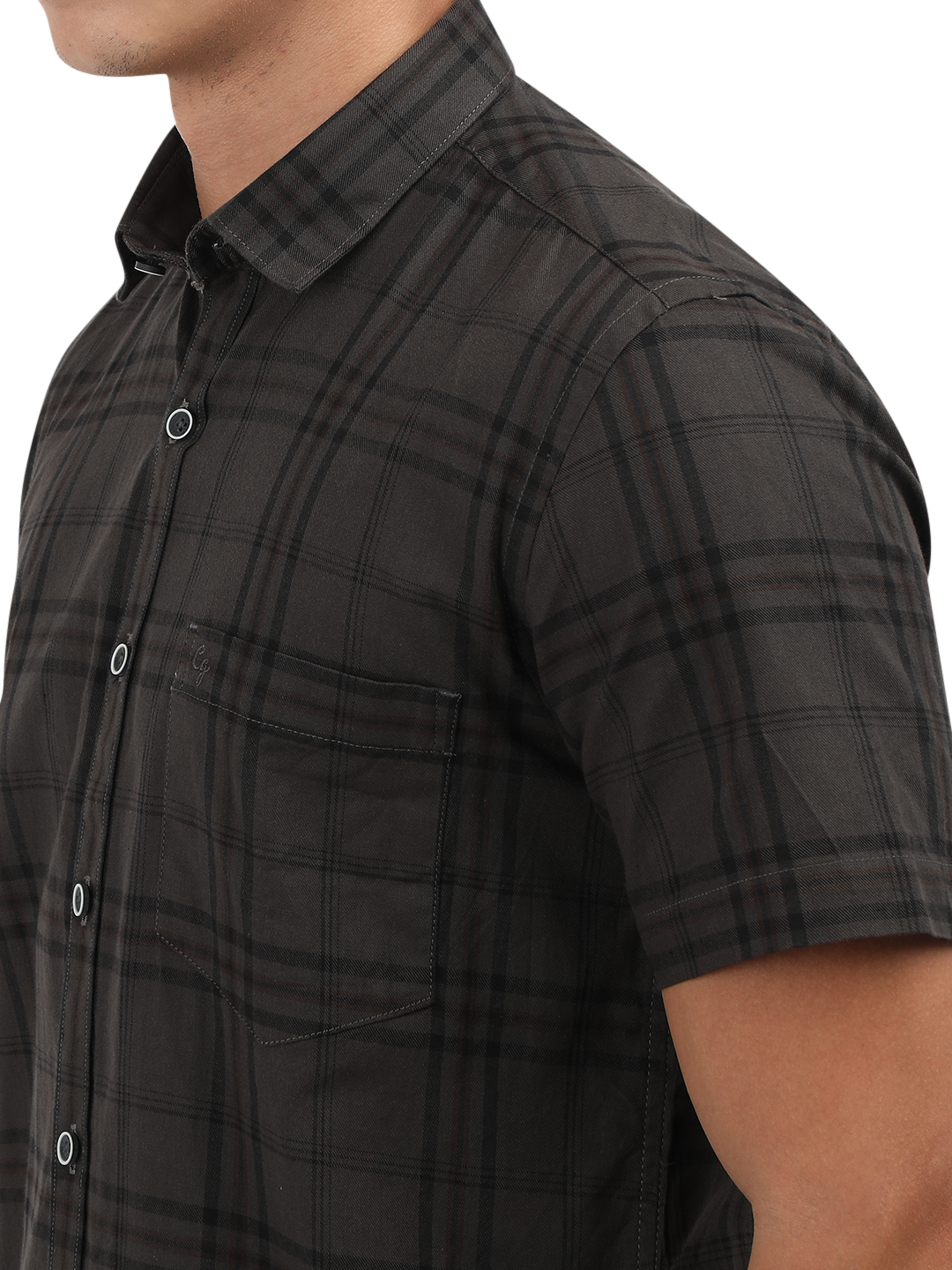 Model wearing Clarke Gable's Grey Checked Semi Casual Shirt in a casual setting