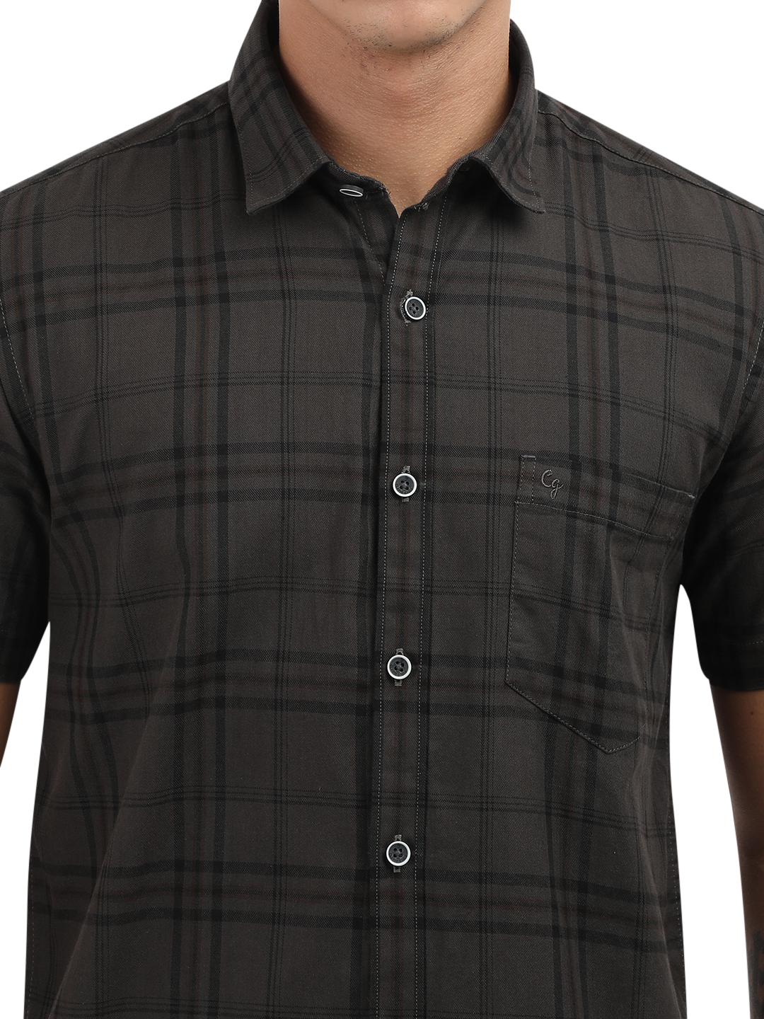 Model wearing Clarke Gable's Grey Checked Semi Casual Shirt in a casual setting
