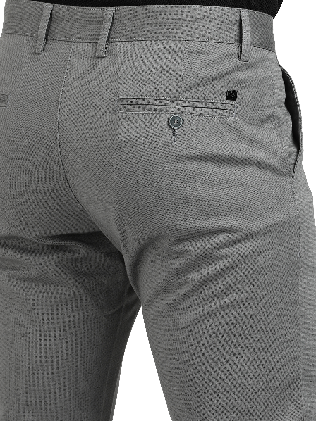 Model wearing Clarke Gable's Grey Custom Fit Trousers in a casual setting