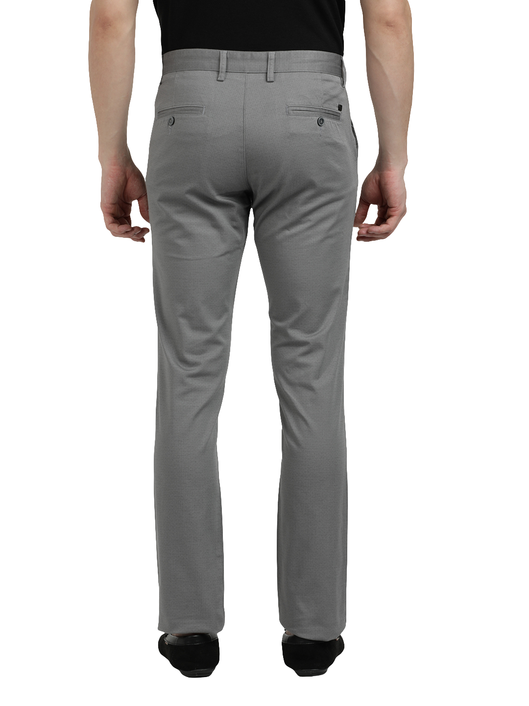 Model wearing Clarke Gable's Grey Custom Fit Trousers in a casual setting