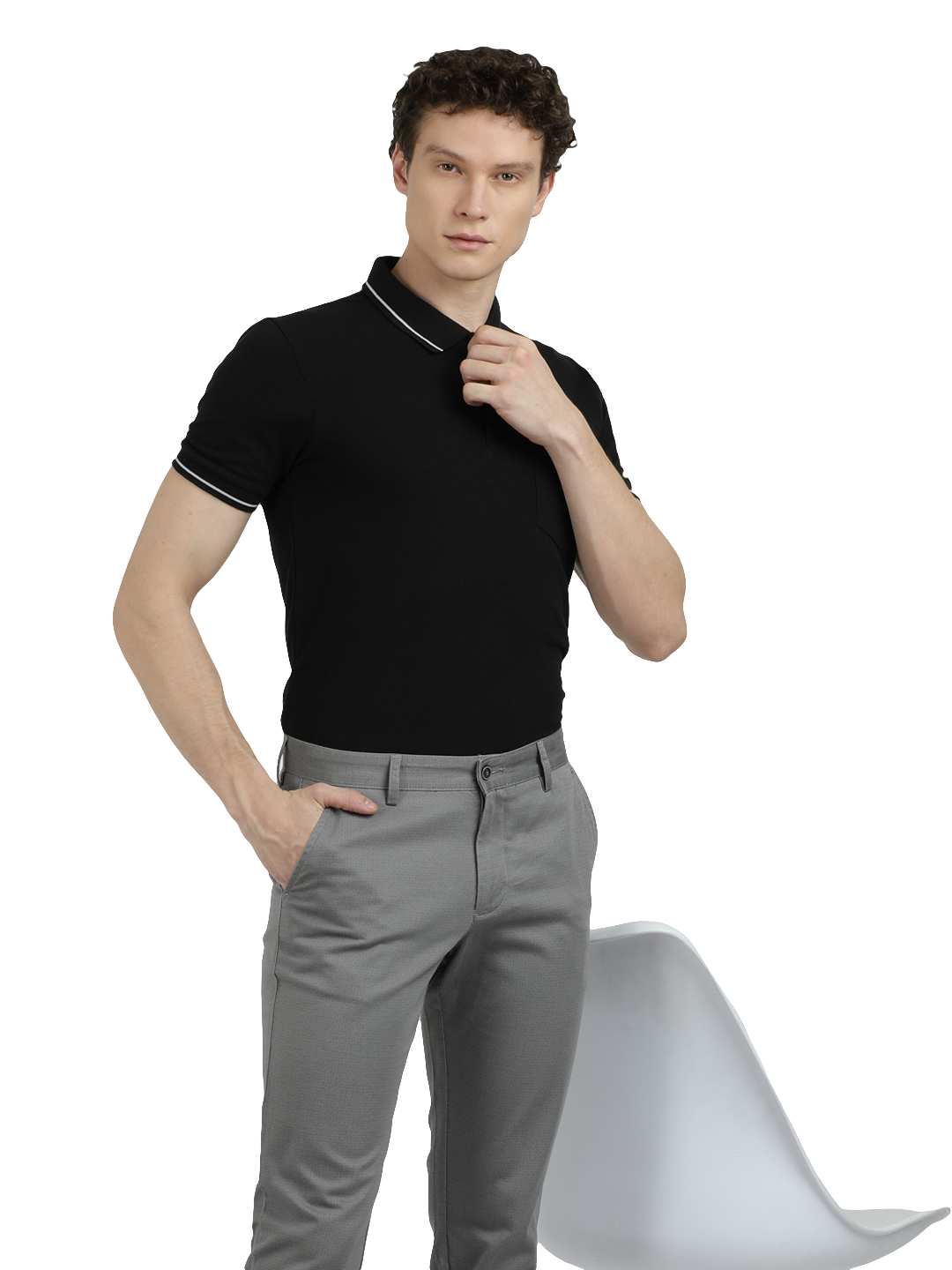 Model wearing Clarke Gable's Grey Custom Fit Trousers in a casual setting