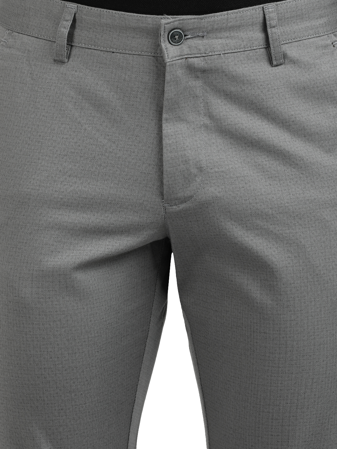 Model wearing Clarke Gable's Grey Custom Fit Trousers in a casual setting