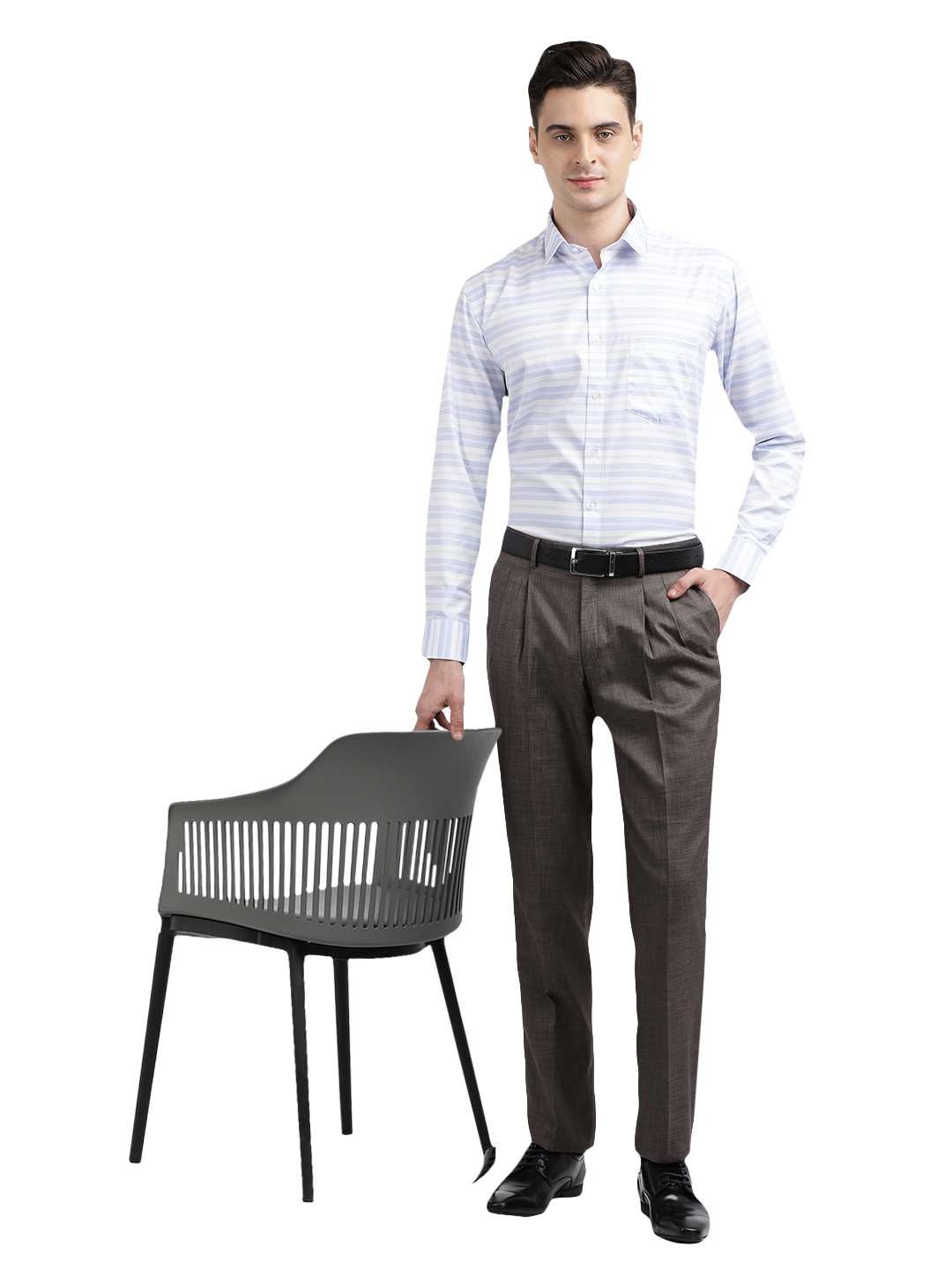 Model wearing Clarke Gable's Grey Relax Fit Trousers in a casual setting