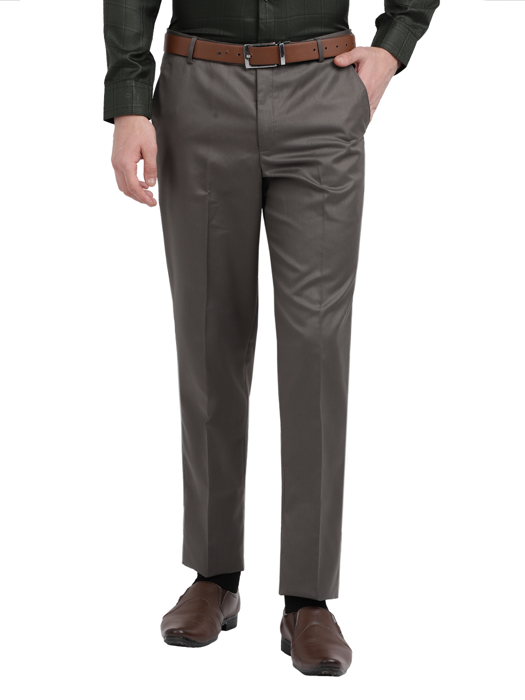 Model wearing Clarke Gable's Grey Smart Fit Trousers in a casual setting
