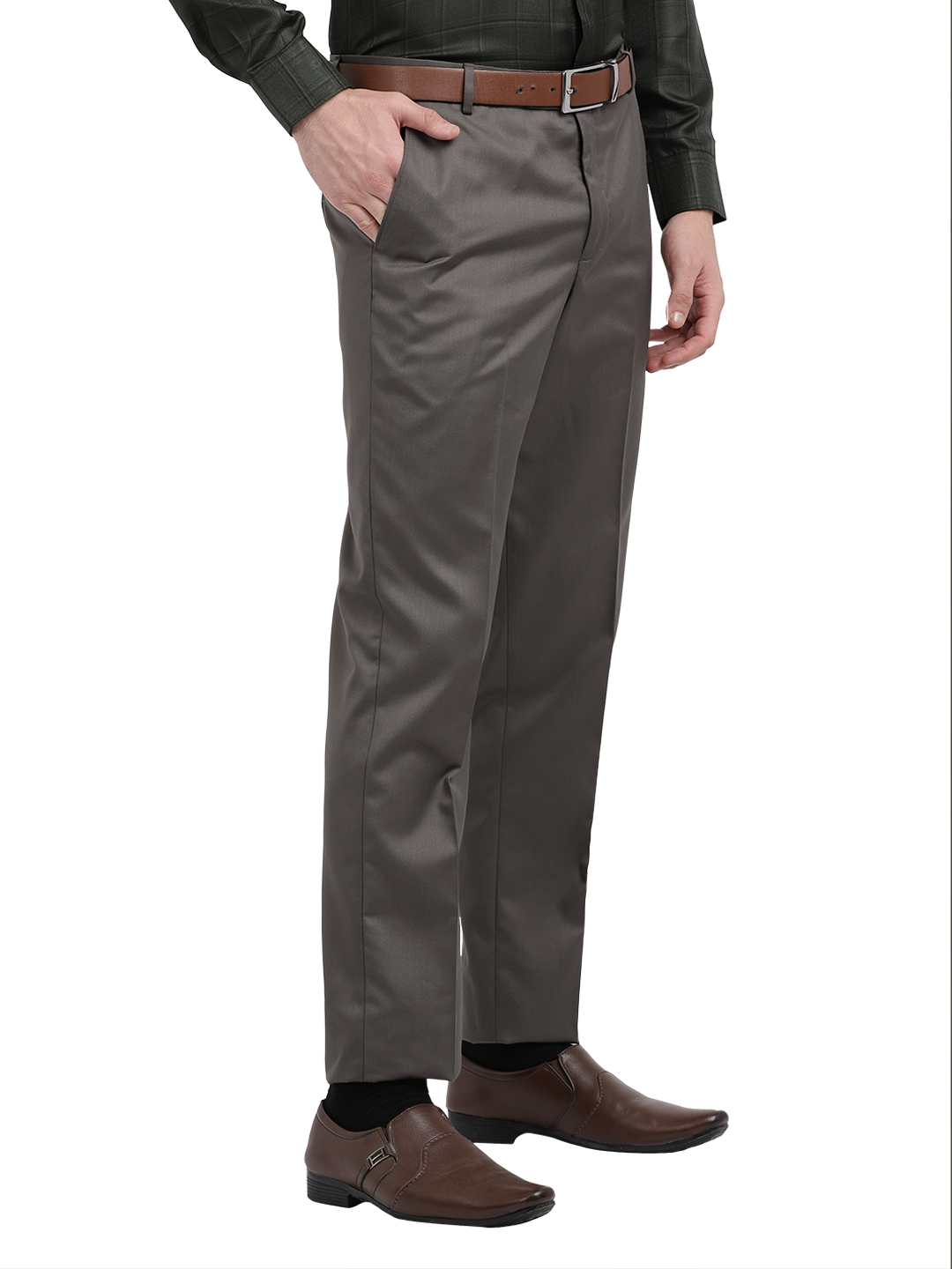 Model wearing Clarke Gable's Grey Smart Fit Trousers in a casual setting