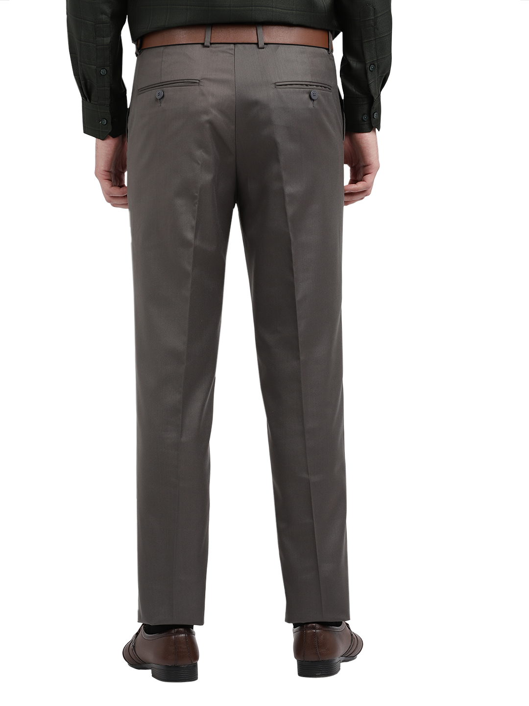Model wearing Clarke Gable's Grey Smart Fit Trousers in a casual setting