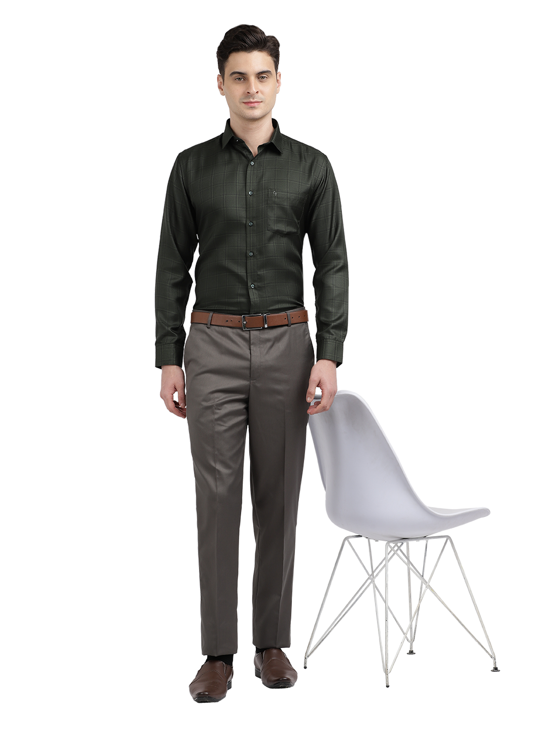 Model wearing Clarke Gable's Grey Smart Fit Trousers in a casual setting