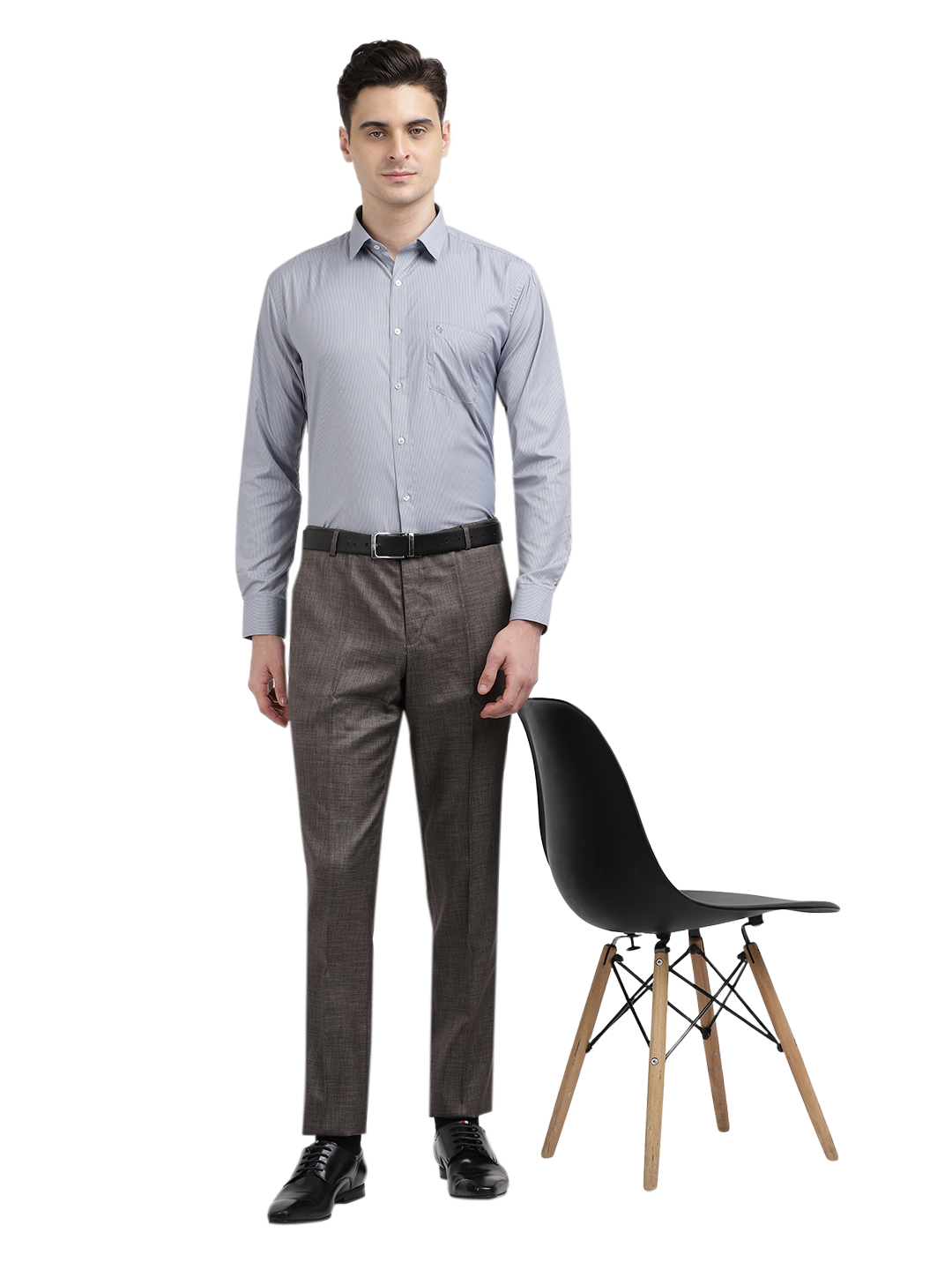 Model wearing Clarke Gable's Grey Striped Formal Shirt in a casual setting