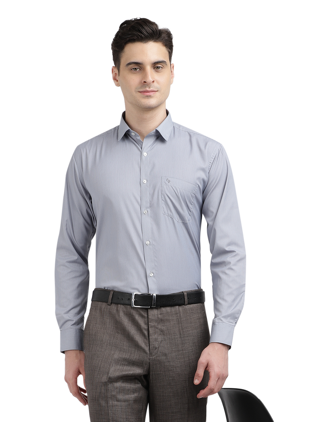 Model wearing Clarke Gable's Grey Striped Formal Shirt in a casual setting