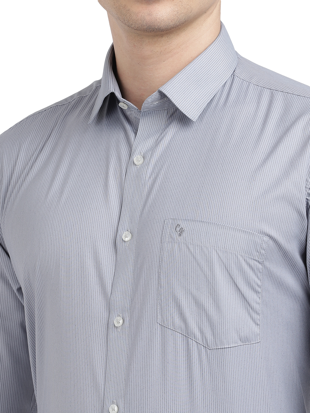 Model wearing Clarke Gable's Grey Striped Formal Shirt in a casual setting