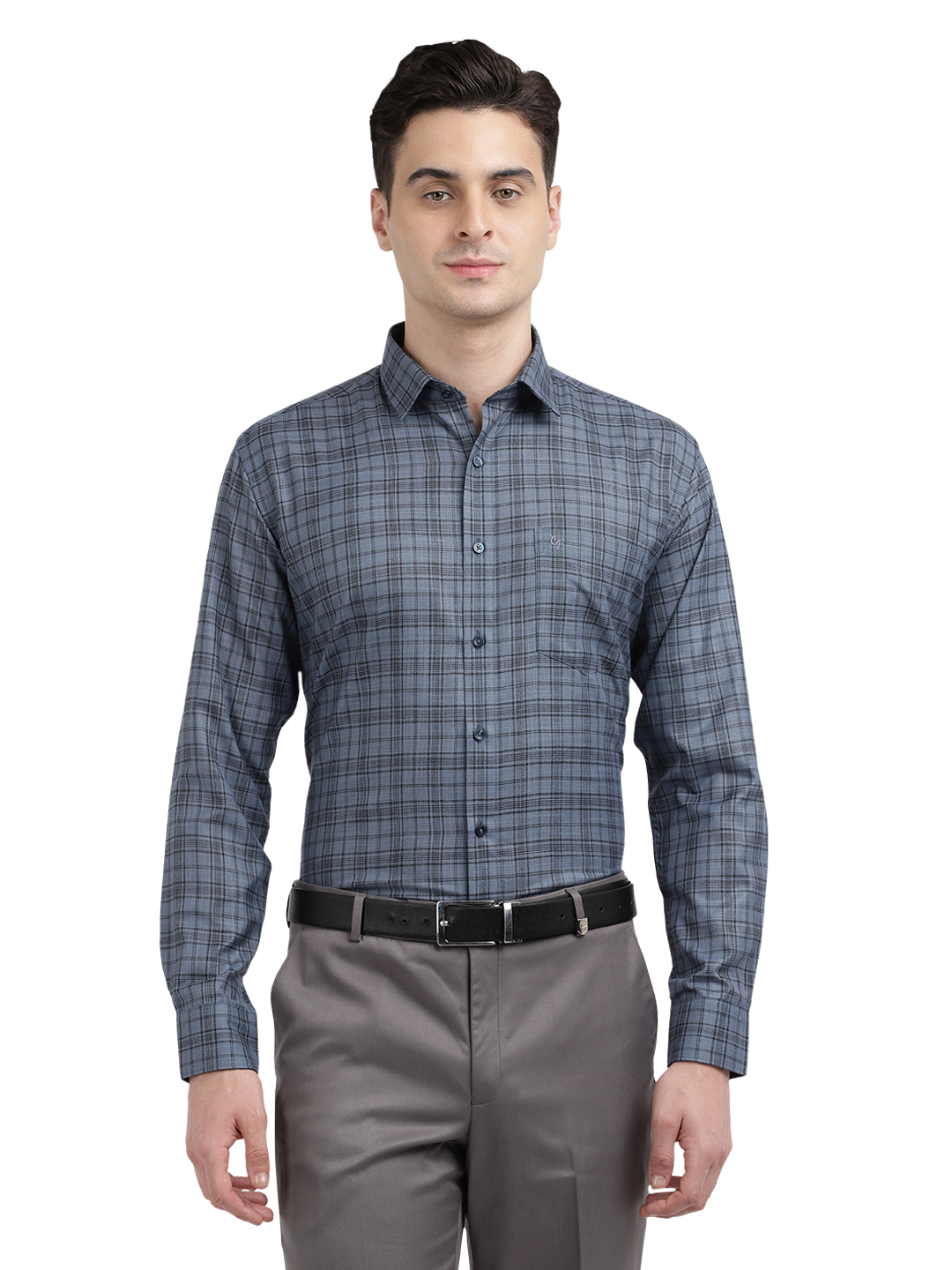 Model wearing Clarke Gable's Grey With Black Checked Formal Shirt in a casual setting