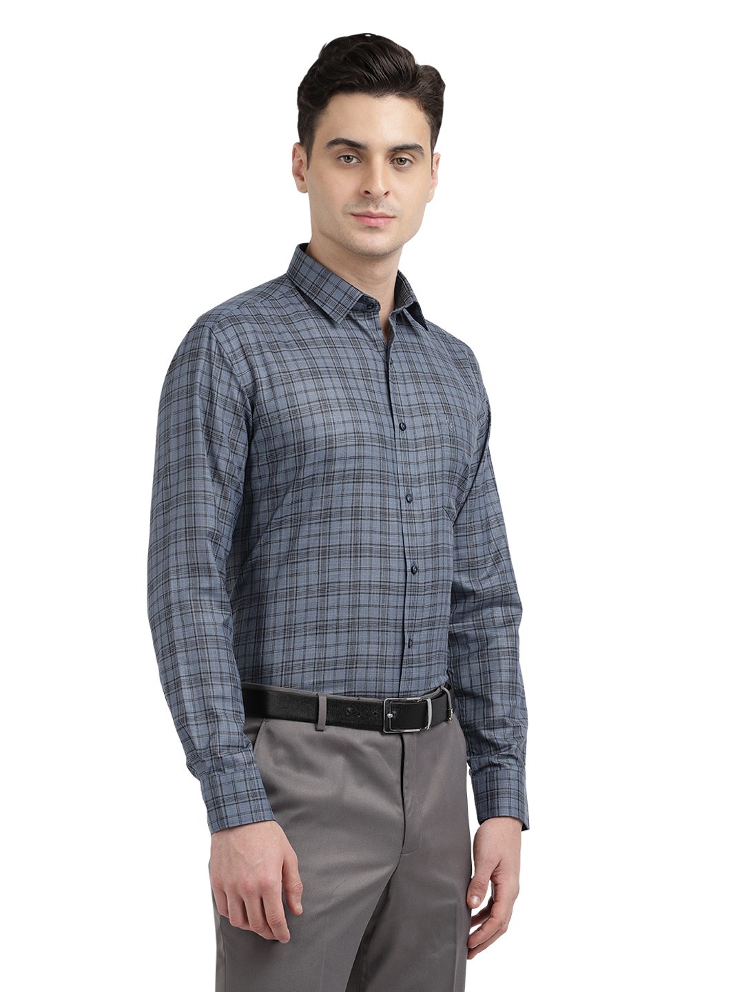 Model wearing Clarke Gable's Grey With Black Checked Formal Shirt in a casual setting