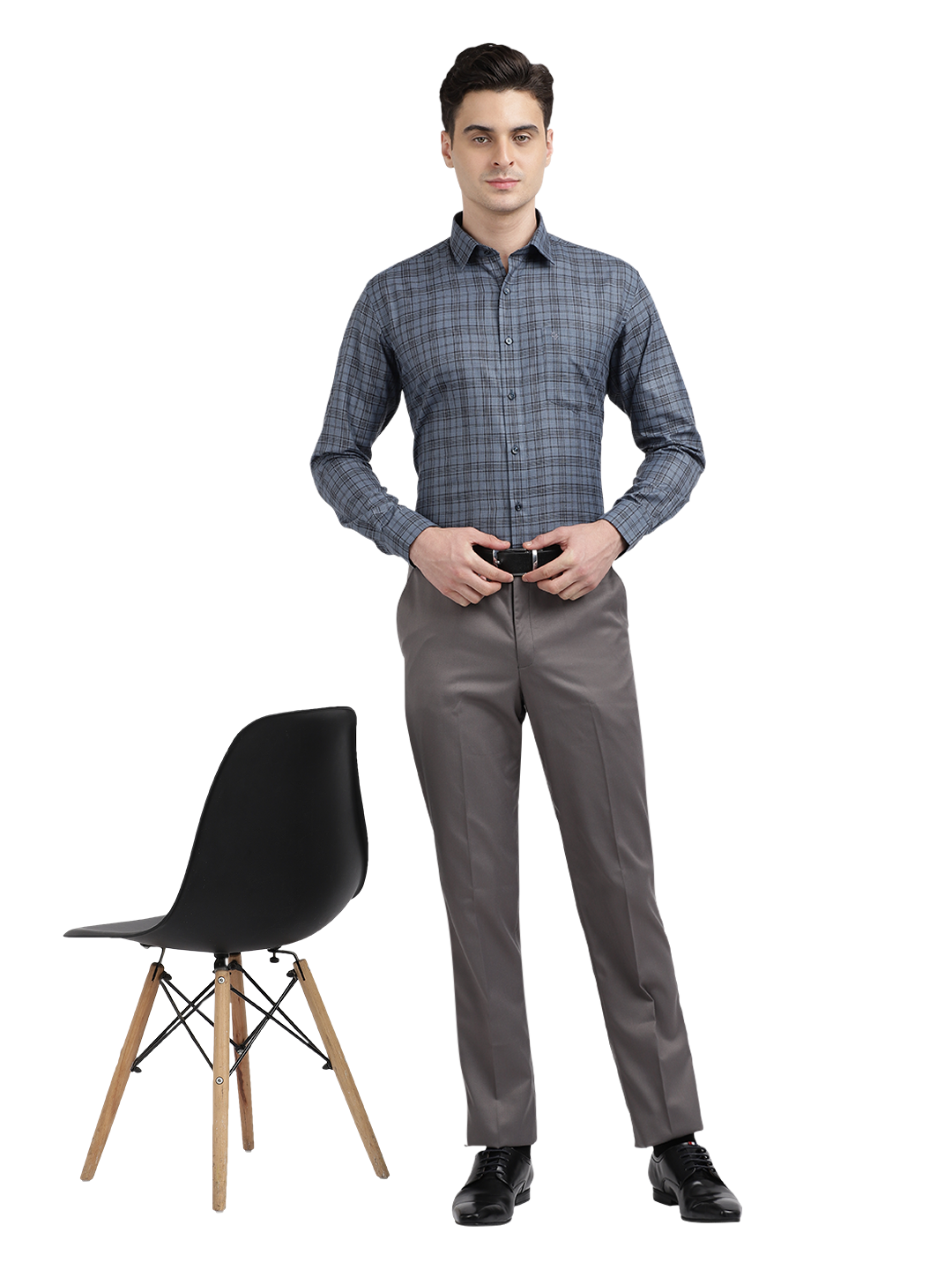 Model wearing Clarke Gable's Grey With Black Checked Formal Shirt in a casual setting