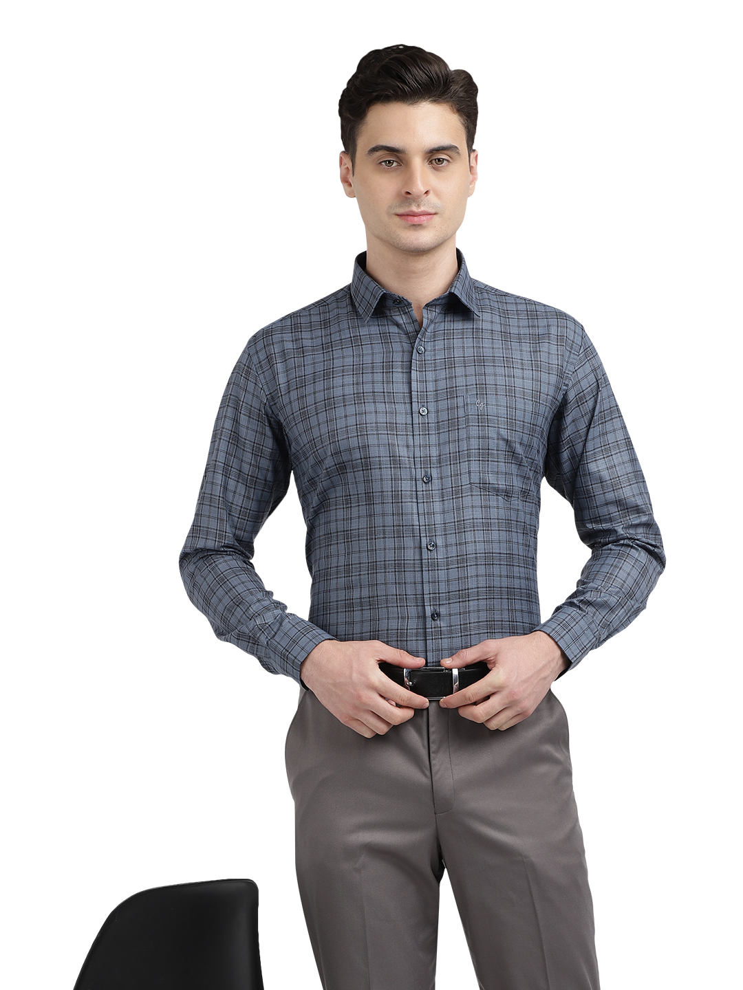 Model wearing Clarke Gable's Grey With Black Checked Formal Shirt in a casual setting