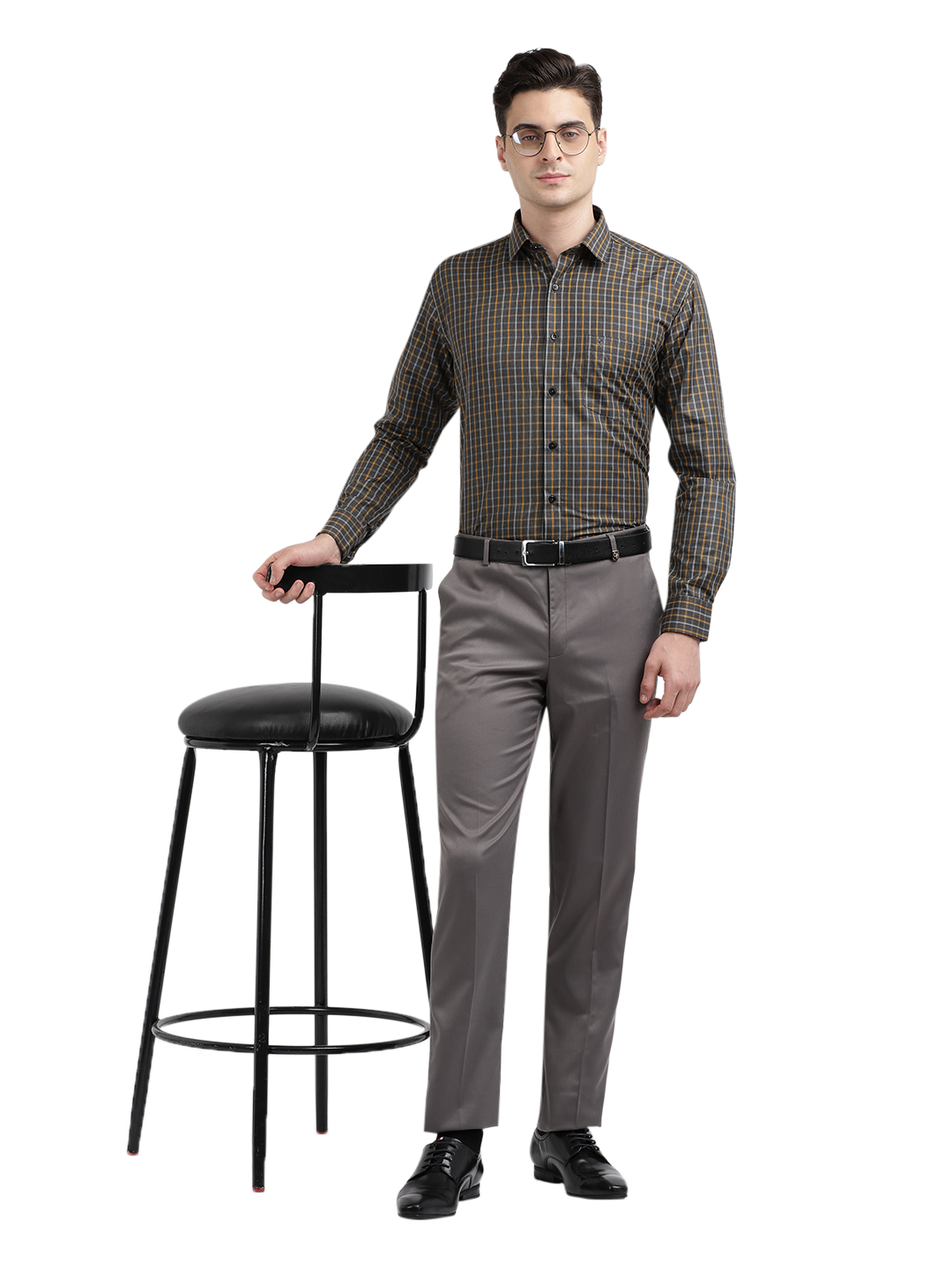 Model wearing Clarke Gable's Grey With Mustard Yellow Checked Formal Shirt in a casual setting