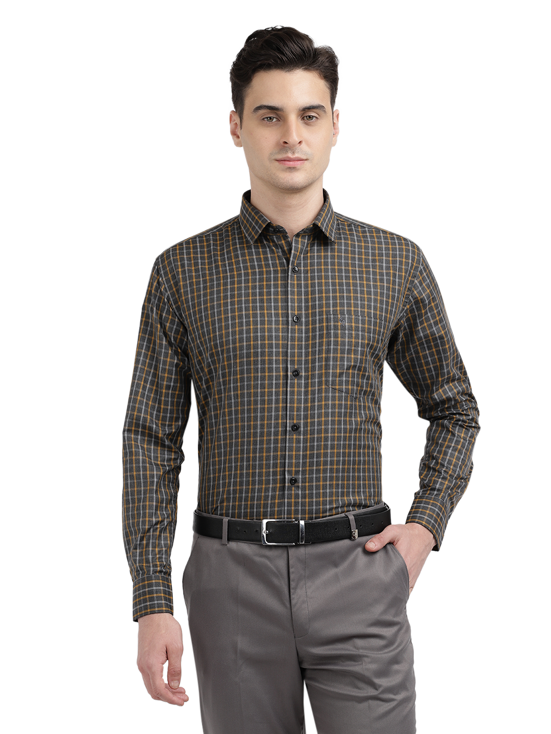 Model wearing Clarke Gable's Grey With Mustard Yellow Checked Formal Shirt in a casual setting