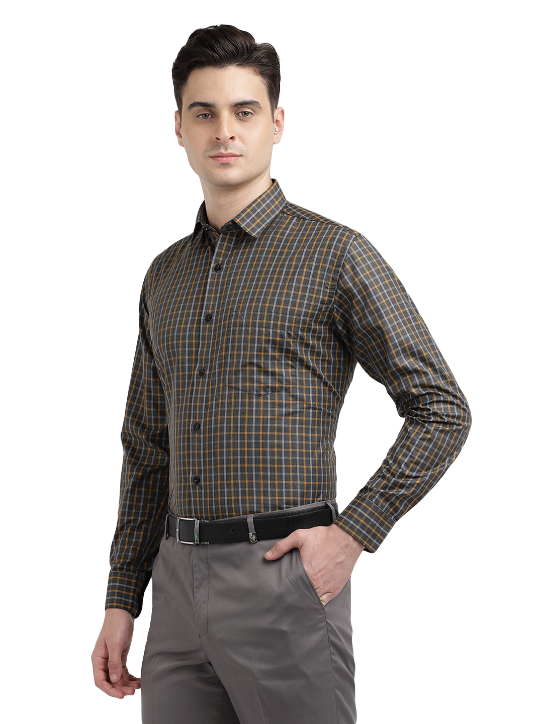 Model wearing Clarke Gable's Grey With Mustard Yellow Checked Formal Shirt in a casual setting