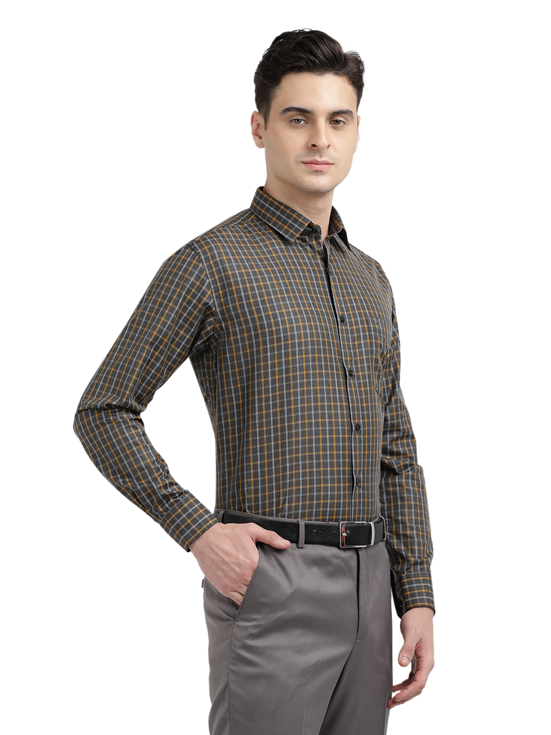 Model wearing Clarke Gable's Grey With Mustard Yellow Checked Formal Shirt in a casual setting