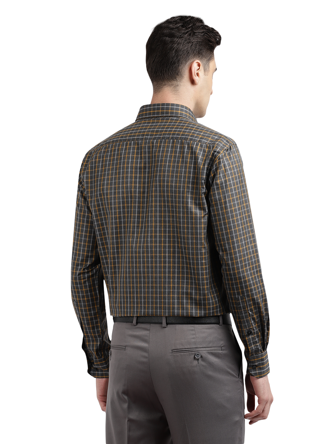 Model wearing Clarke Gable's Grey With Mustard Yellow Checked Formal Shirt in a casual setting