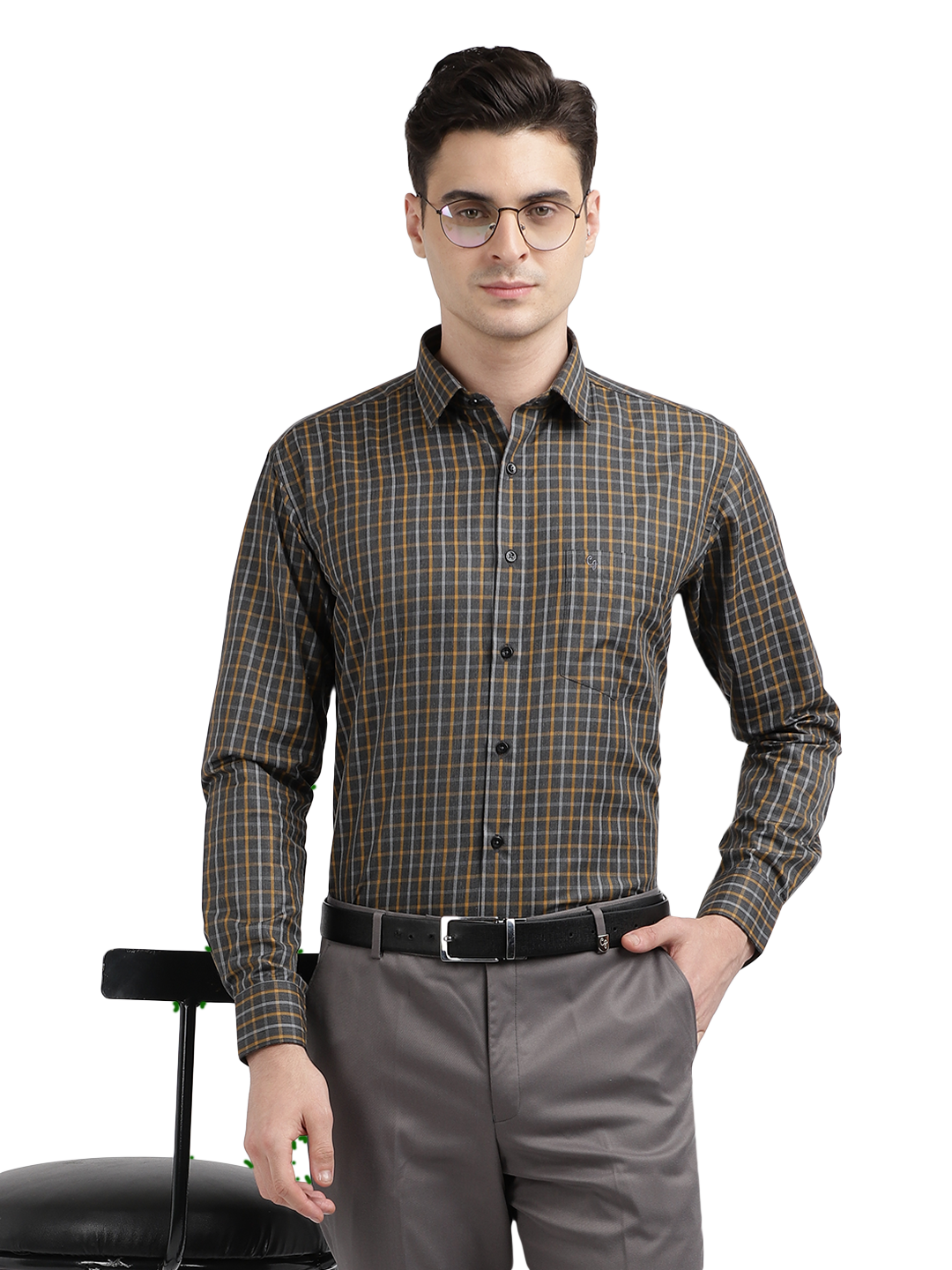 Model wearing Clarke Gable's Grey With Mustard Yellow Checked Formal Shirt in a casual setting