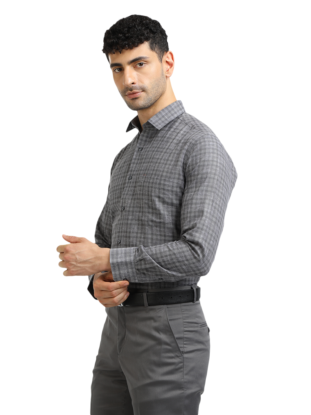 Model wearing Clarke Gable's Grey With White Checked Formal Shirt in a casual setting