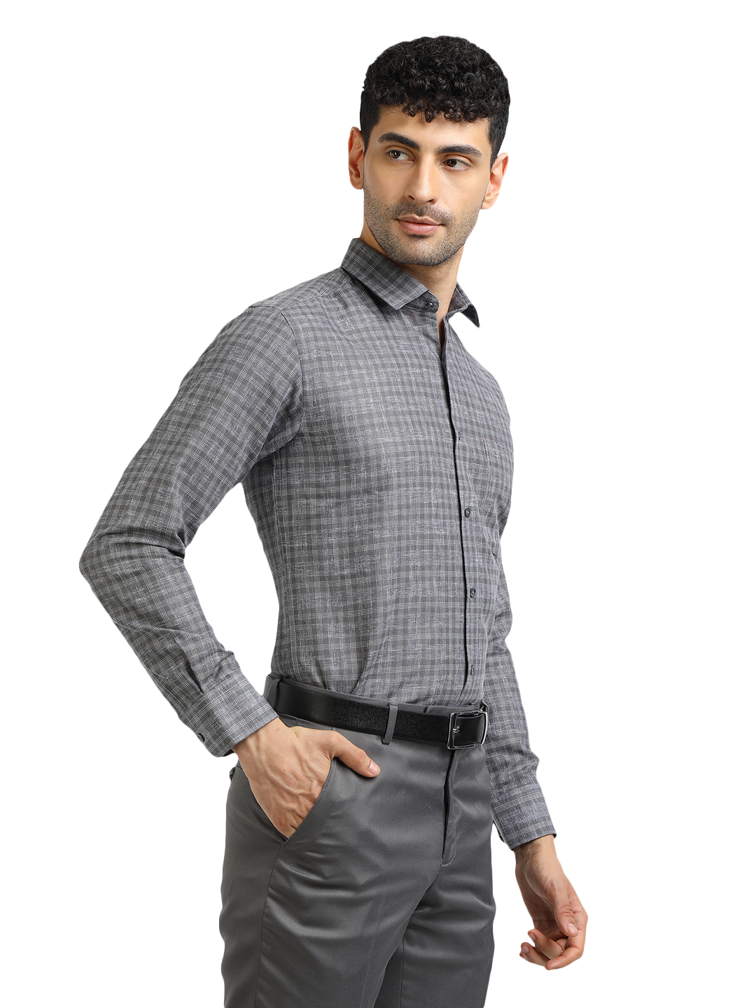 Model wearing Clarke Gable's Grey With White Checked Formal Shirt in a casual setting
