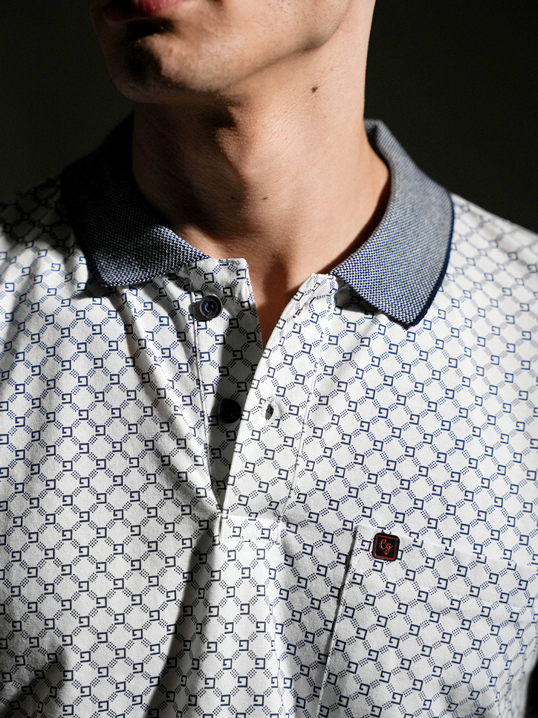 Navy Blue Textured Printed Polo T Shirt