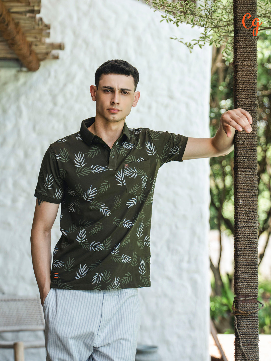 Olive Green Graphic Printed Polo T Shirt