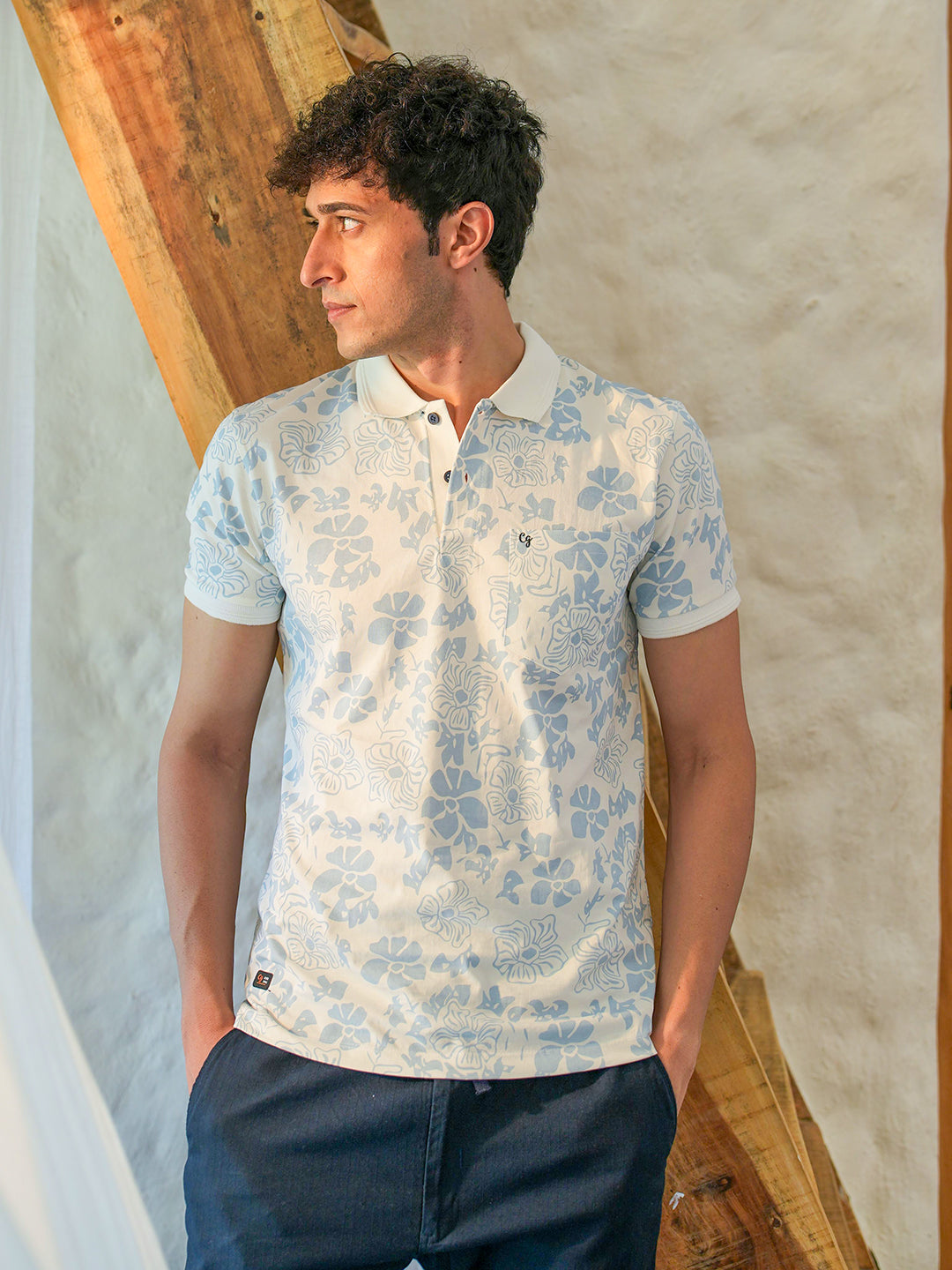 Ink Blue Abstract Printed Polo T Shirt